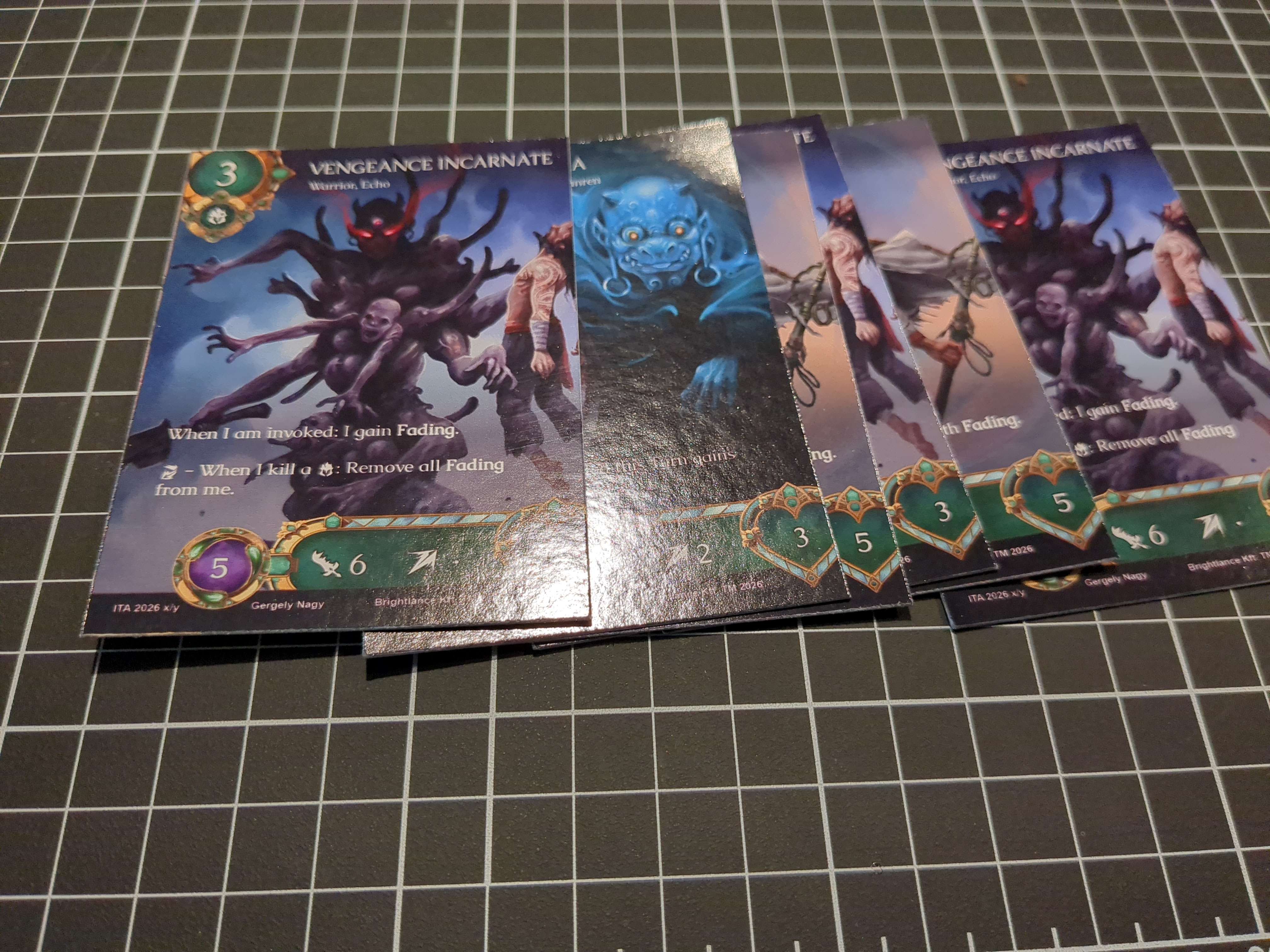 Cards freshly peeled from the mat.